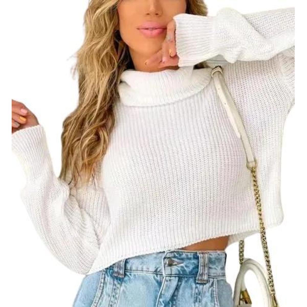 Blusa De Frio Feminina Tricô Gola Alta Manga Longa Cropped Zattini