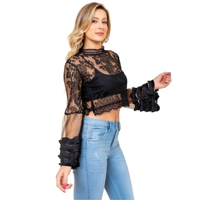 Blusa de Manga Longa Renda Tendência Inverno Premium