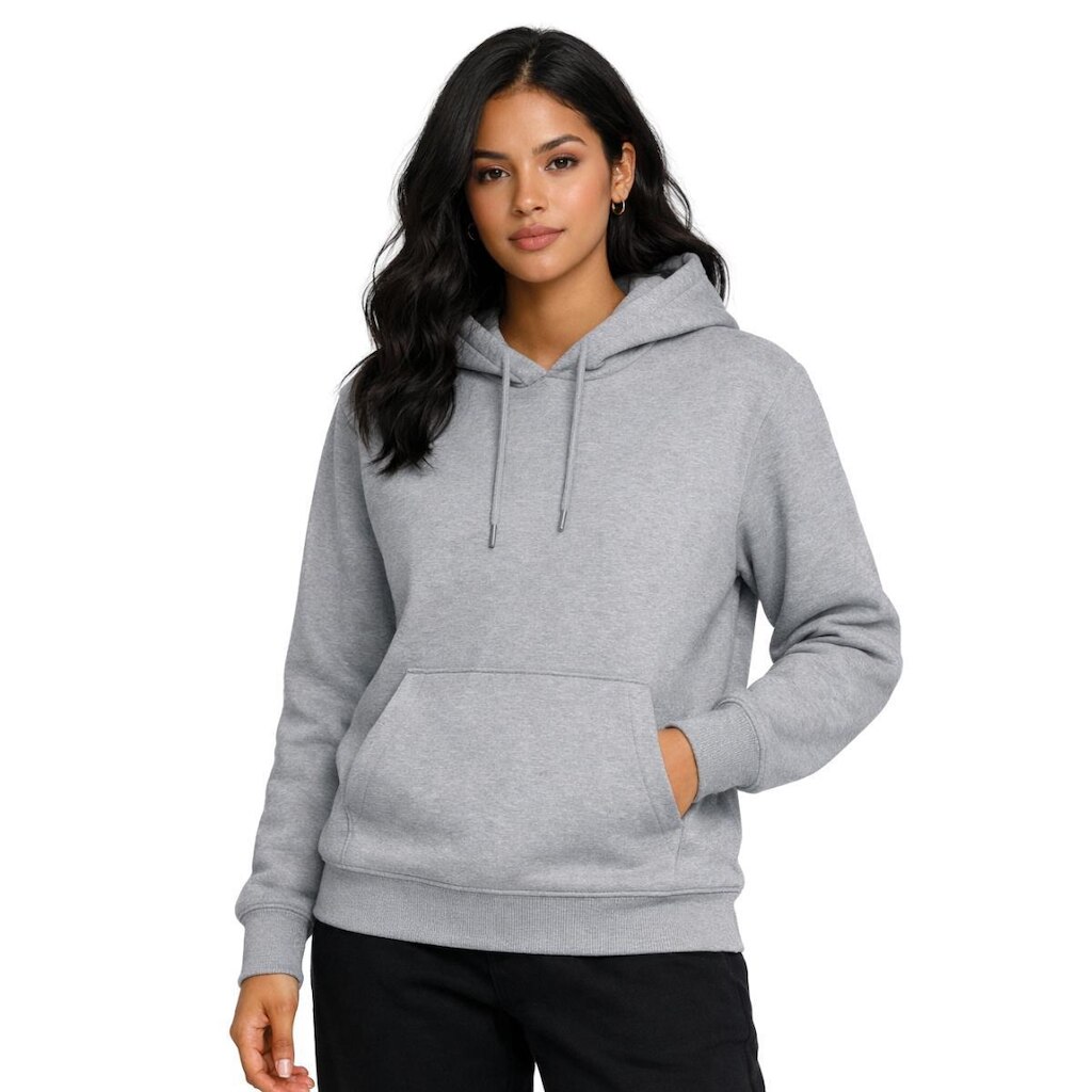 Blusa de Moletom Feminina com Capuz Liso Flanelado e Bolso Canguru