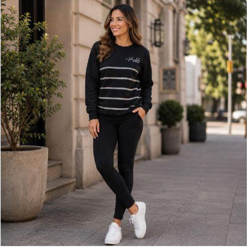 Blusa de Moletom Feminina Peluciada Gola Redonda Listrada Habana