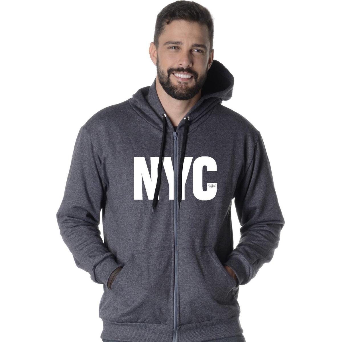 Blusa De Moletom Masculina Capuz Bolso Canguru Chumbo Aberta Com Ziper Estampa Nyc Branco Menor preço em Blusa De Moletom Masculina Capuz Bolso Canguru Chumbo Aberta Com Ziper Estampa Nyc Branco