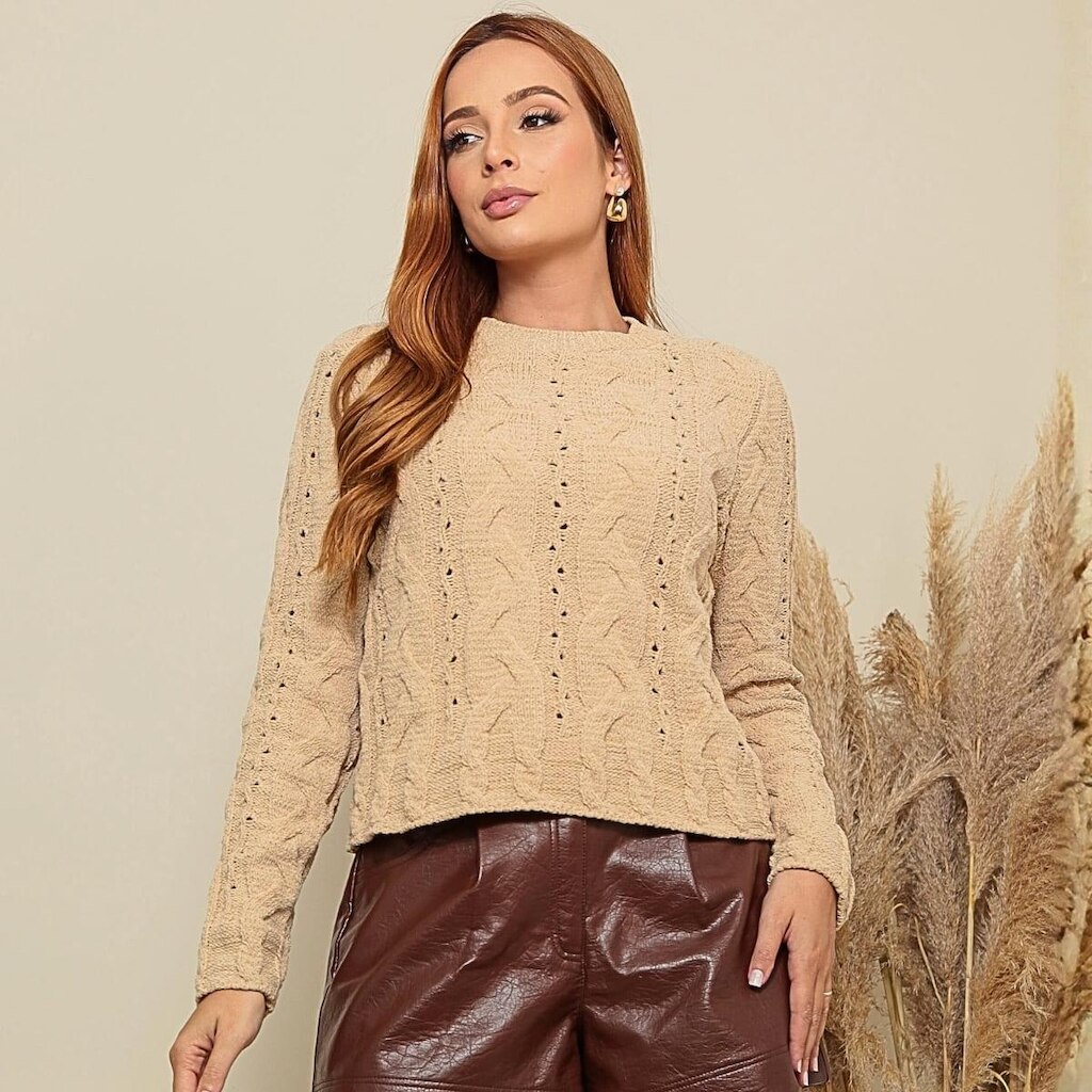 Blusa de Mousse Tricot Tranças Elegante Inverno TR3192
