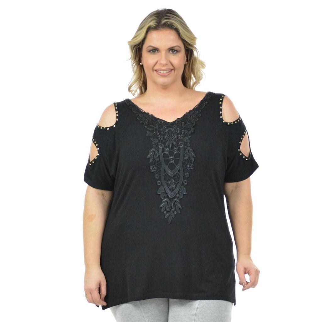 Blusa detalhes plus size fenomenal Preto 52