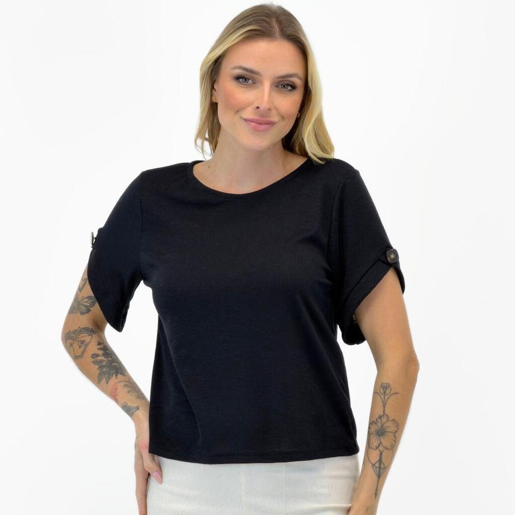 Blusa Doce Trama Básica Manga Curta Gola Redonda Feminina