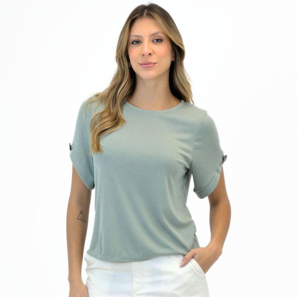 Blusa Doce Trama Básica Manga Curta Gola Redonda Feminina