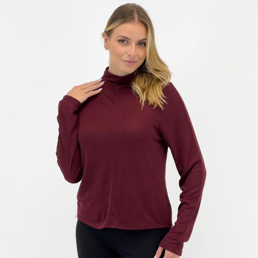 Blusa Doce Trama em Tricot Gola Alta Manga Longa Feminina