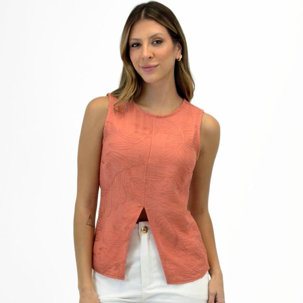 Blusa Doce Trama Regata Bordada Gola Redonda Feminina