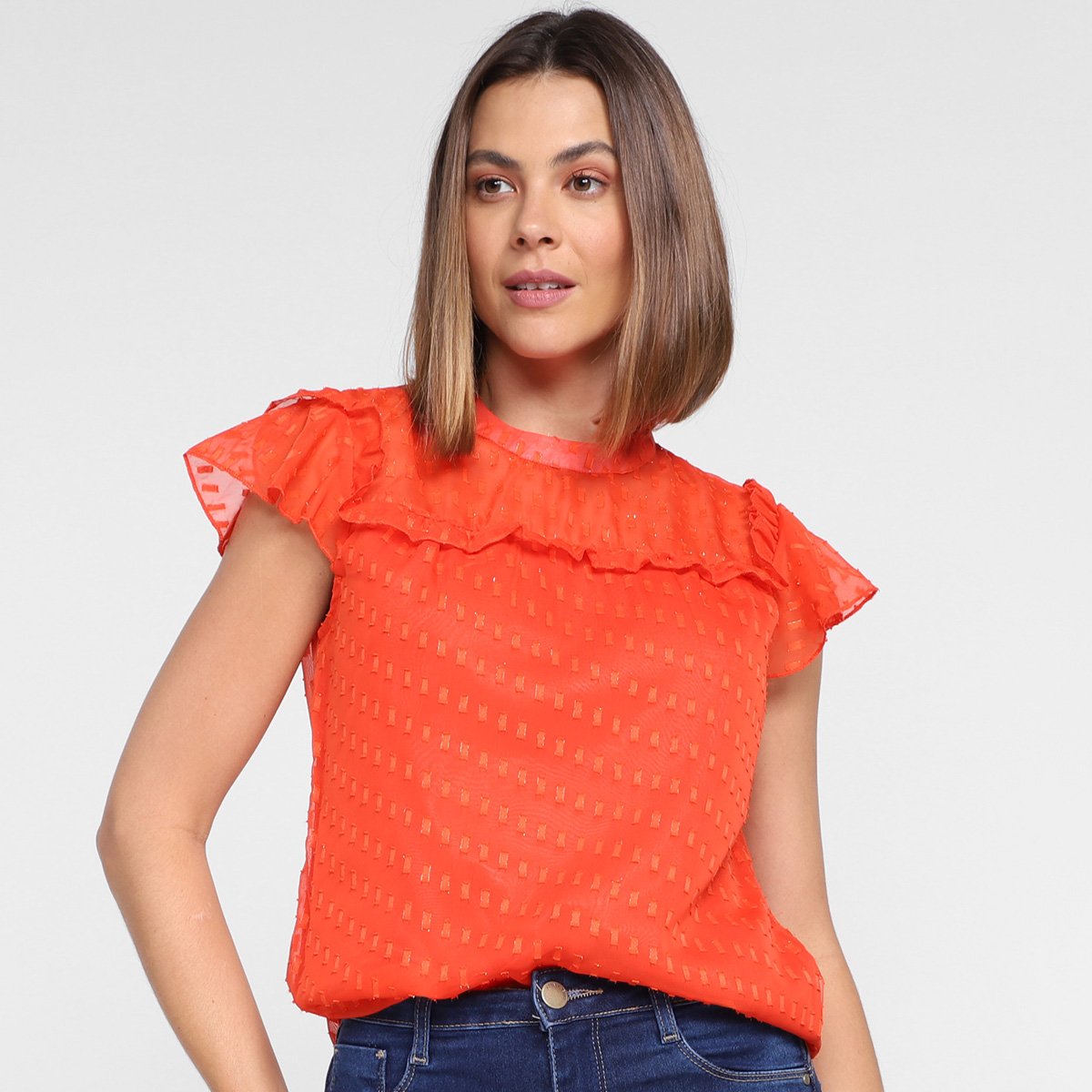 Blusa Dom Fashion Costas Recorte e Transparente Feminina - Laranja Menor preço em Blusa Dom Fashion Costas Recorte e Transparente Feminina - Laranja