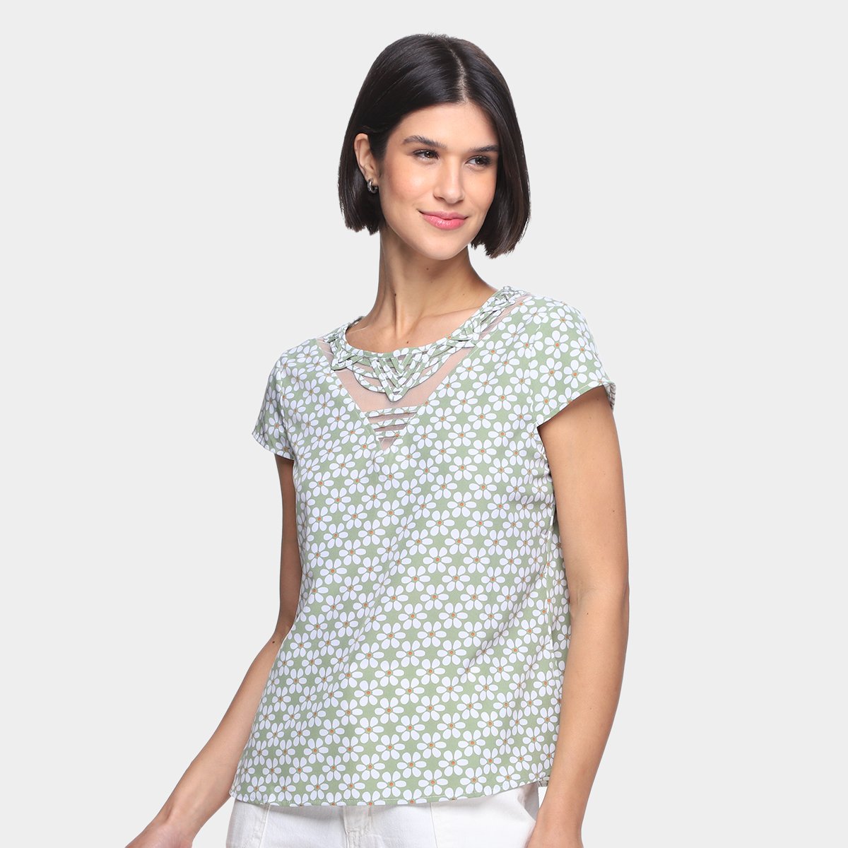 Blusa Dom Fashion Decote Recorte Tule Estampada Feminina - Verde claro Menor preço em Blusa Dom Fashion Decote Recorte Tule Estampada Feminina - Verde claro