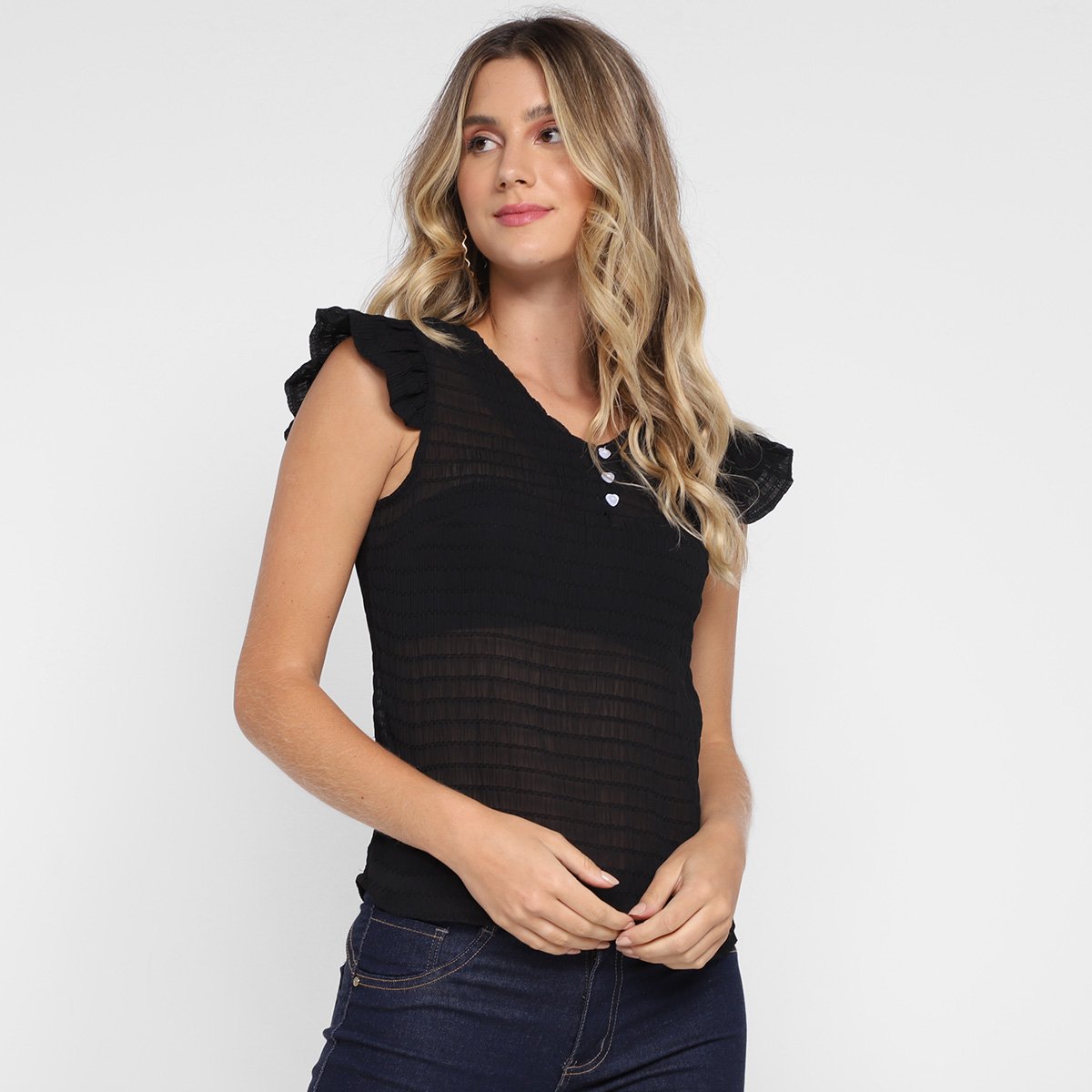 Blusa Dom Fashion Decote V Manga Curta Babado Feminina - Preto Menor preço em Blusa Dom Fashion Decote V Manga Curta Babado Feminina - Preto