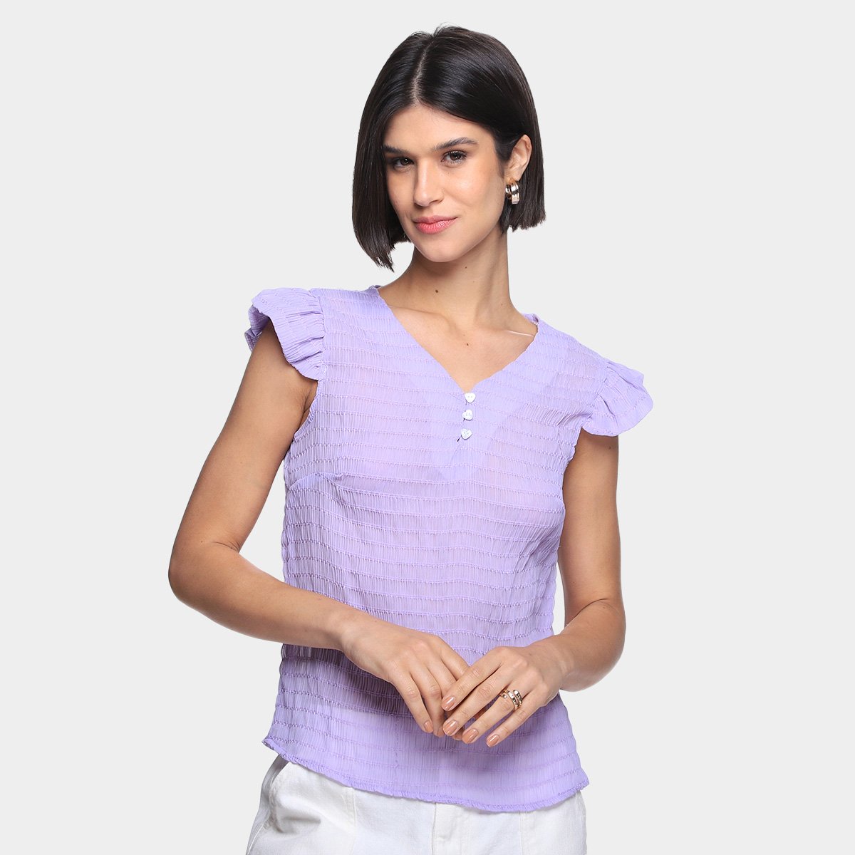 Blusa Dom Fashion Decote V Manga Curta Babado Feminina Menor preço em Blusa Dom Fashion Decote V Manga Curta Babado Feminina