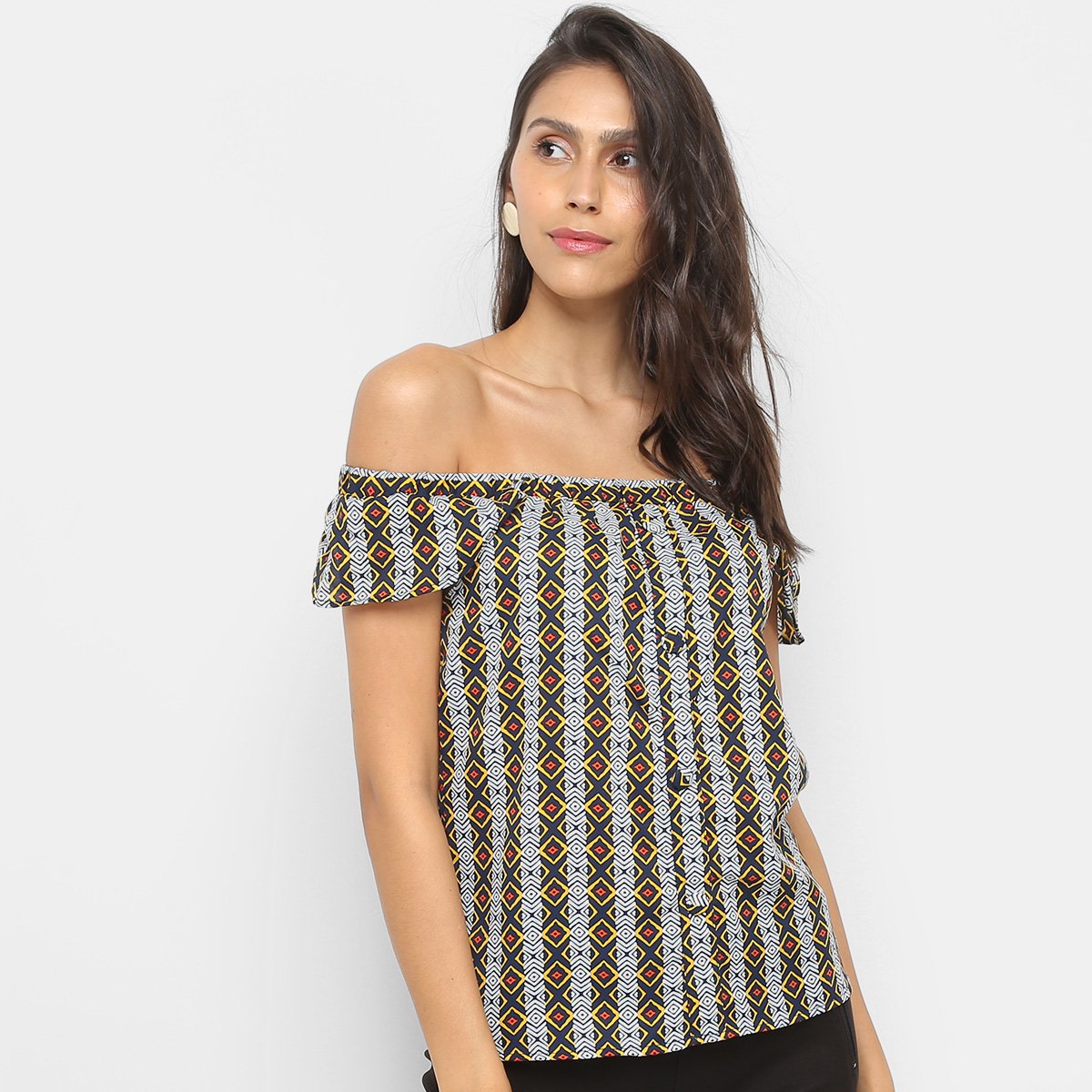 Blusa Dom Fashion Ombro A Ombro Feminina - Marinho+Amarelo Menor preço em Blusa Dom Fashion Ombro A Ombro Feminina - Marinho+Amarelo