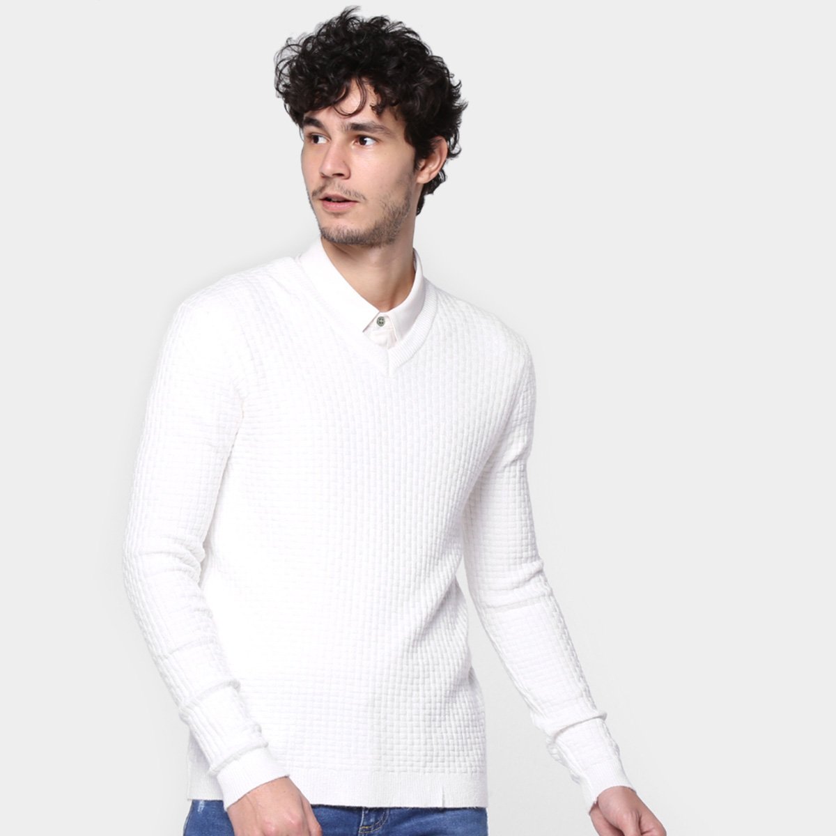 Blusa Eagle Rock Canelada Gola V Masculina - Off White Menor preço em Blusa Eagle Rock Canelada Gola V Masculina - Off White