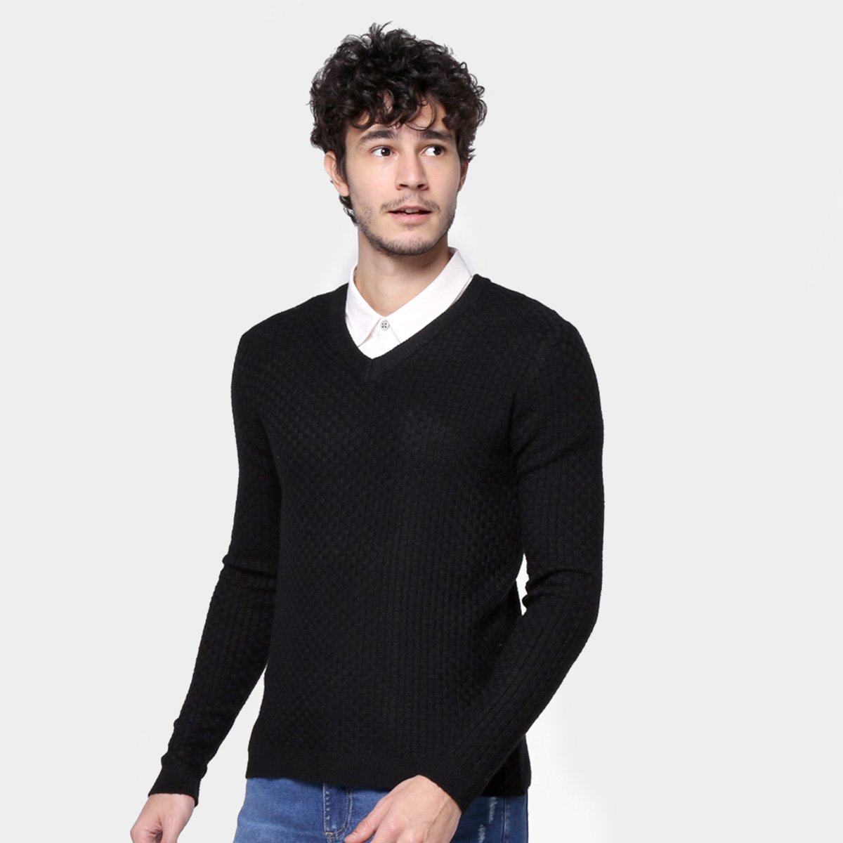 Blusa Eagle Rock Canelada Gola V Masculina - Preto Menor preço em Blusa Eagle Rock Canelada Gola V Masculina - Preto