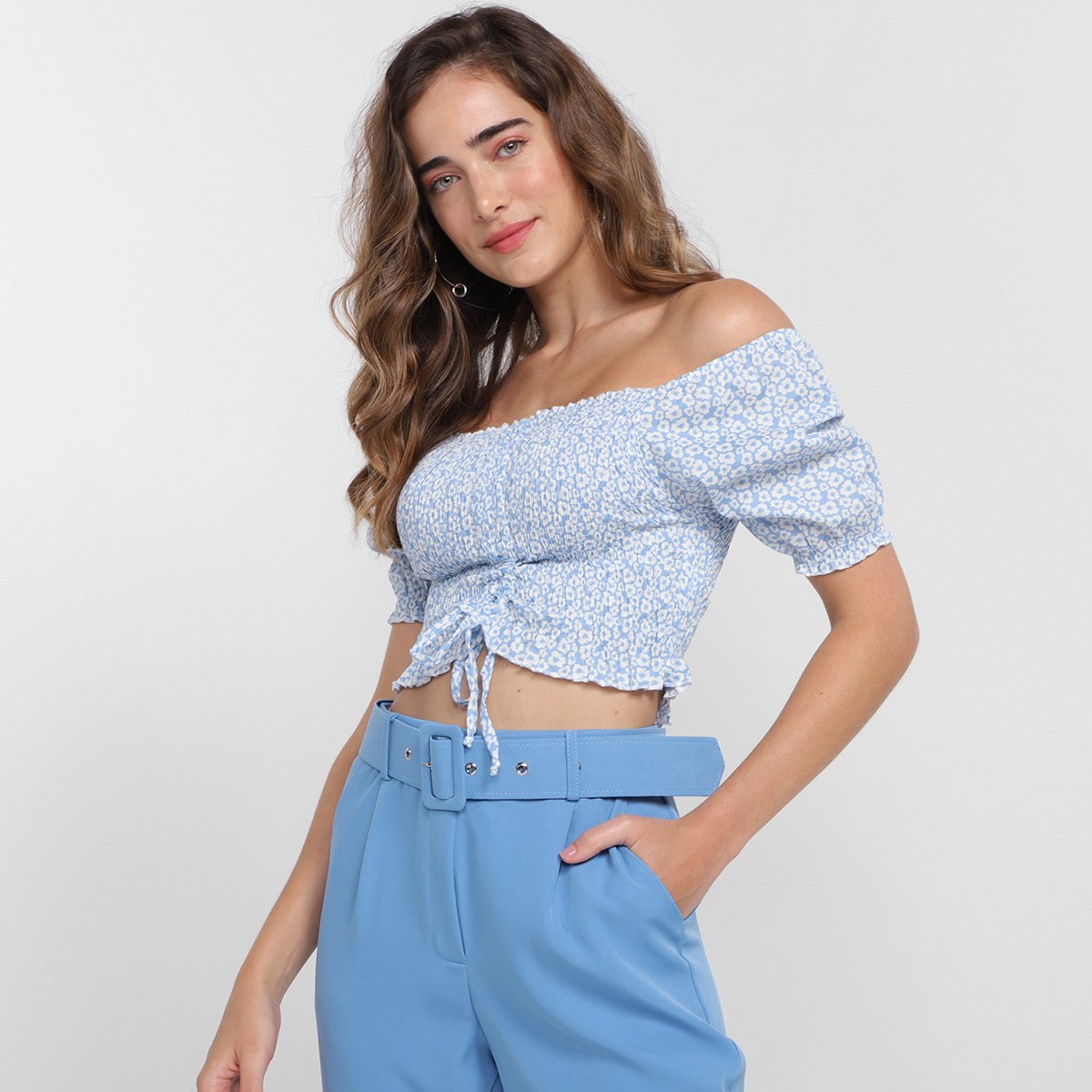 Blusa Eagle Rock Cropped Estampada Ciganinha Feminina - Azul Menor preço em Blusa Eagle Rock Cropped Estampada Ciganinha Feminina - Azul