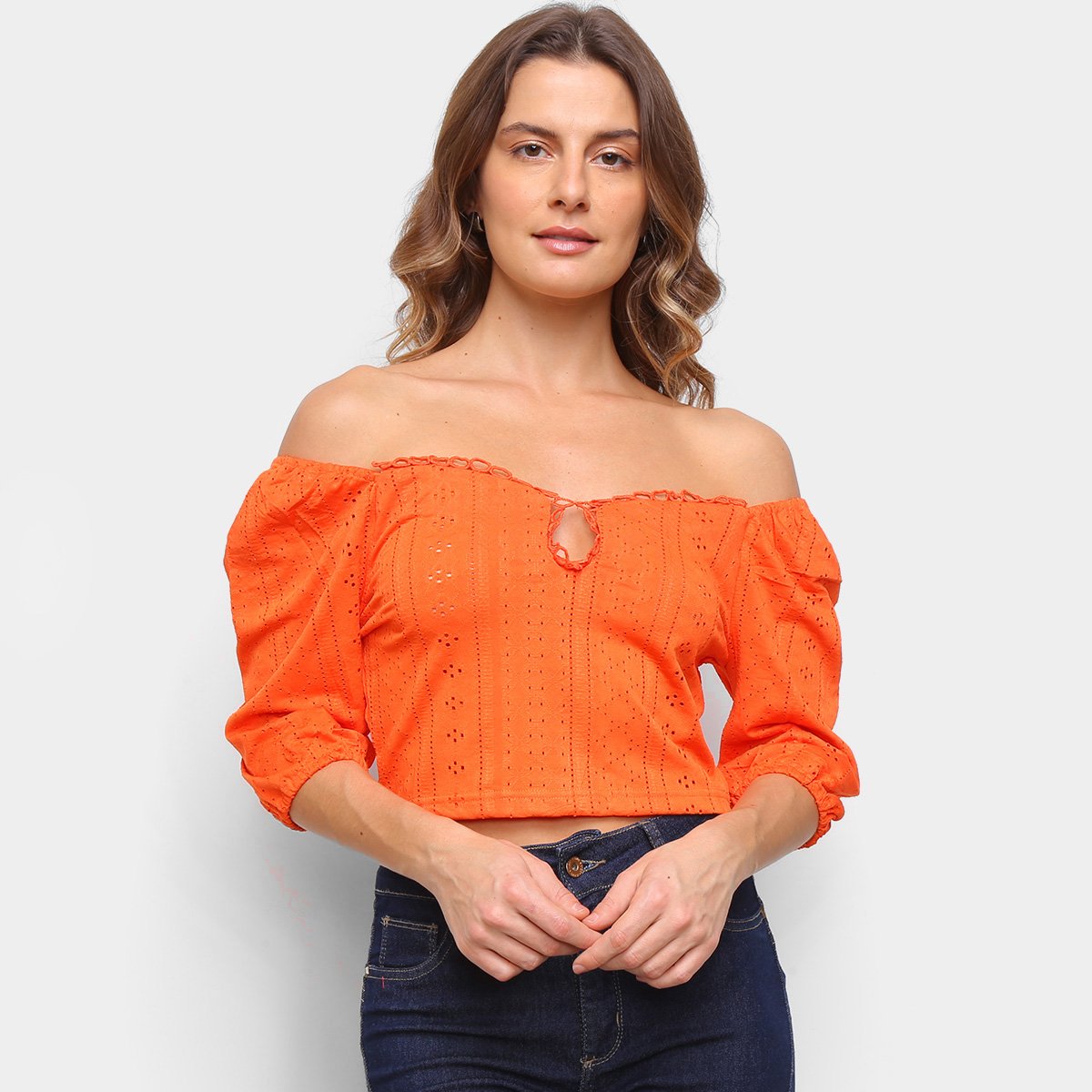 Blusa Eagle Rock Ombro A Ombro Rendada Feminina - Laranja Menor preço em Blusa Eagle Rock Ombro A Ombro Rendada Feminina - Laranja