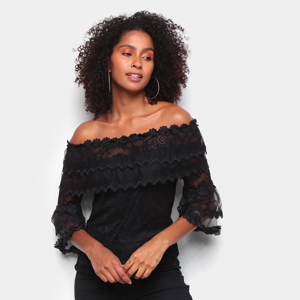 Blusa Eagle Rock Rendada Ombro a Ombro Feminina - Preto Menor preço em Blusa Eagle Rock Rendada Ombro a Ombro Feminina - Preto