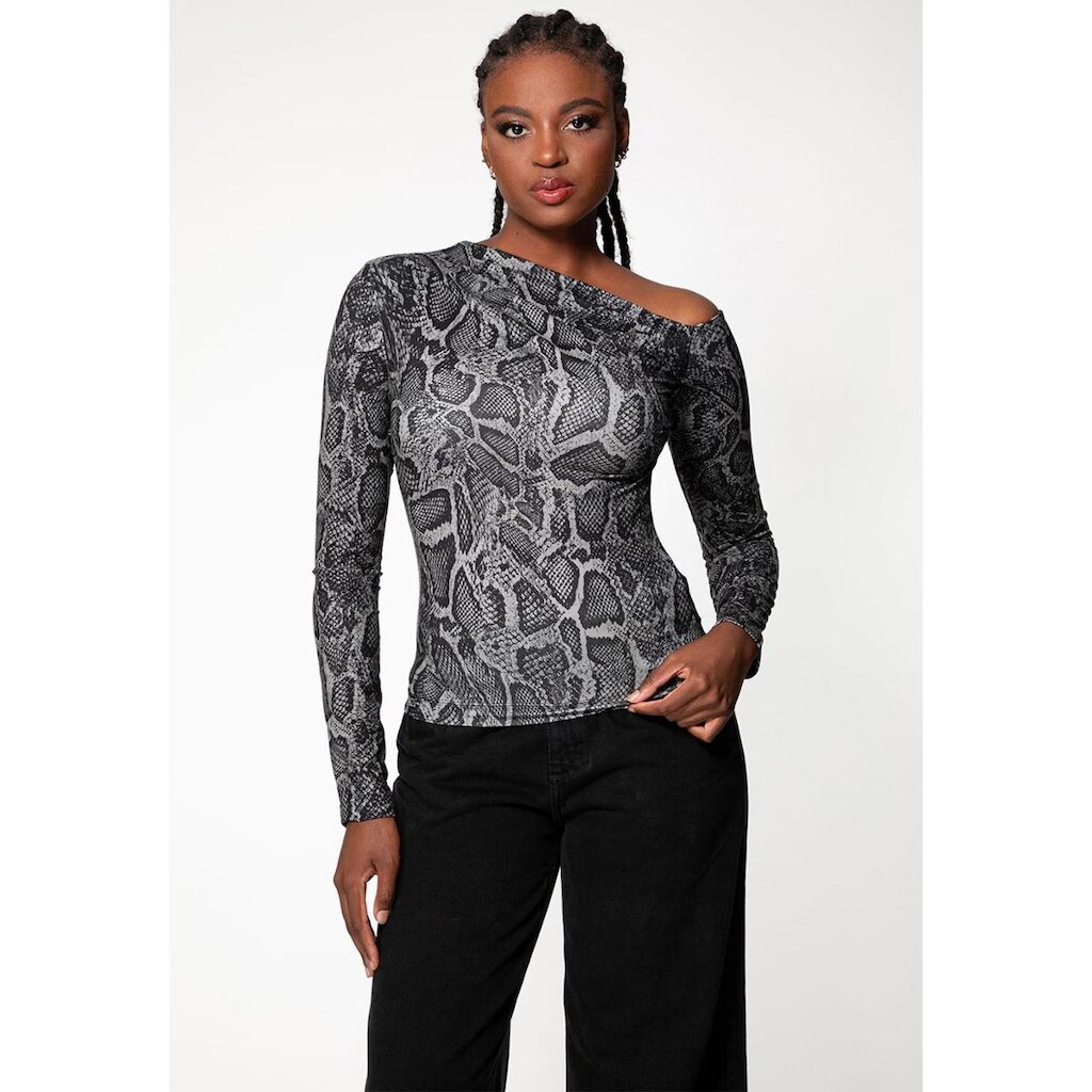 Blusa Eco Ombro Assimétrico Animal Print Cinza