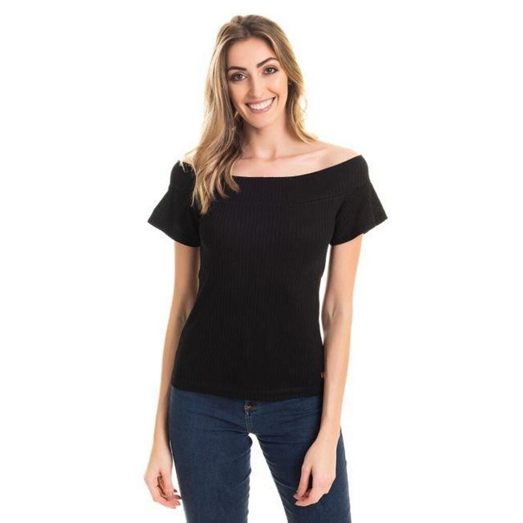 Blusa em Ribana Canelada Decote Ombro a Ombro Mangas Godê