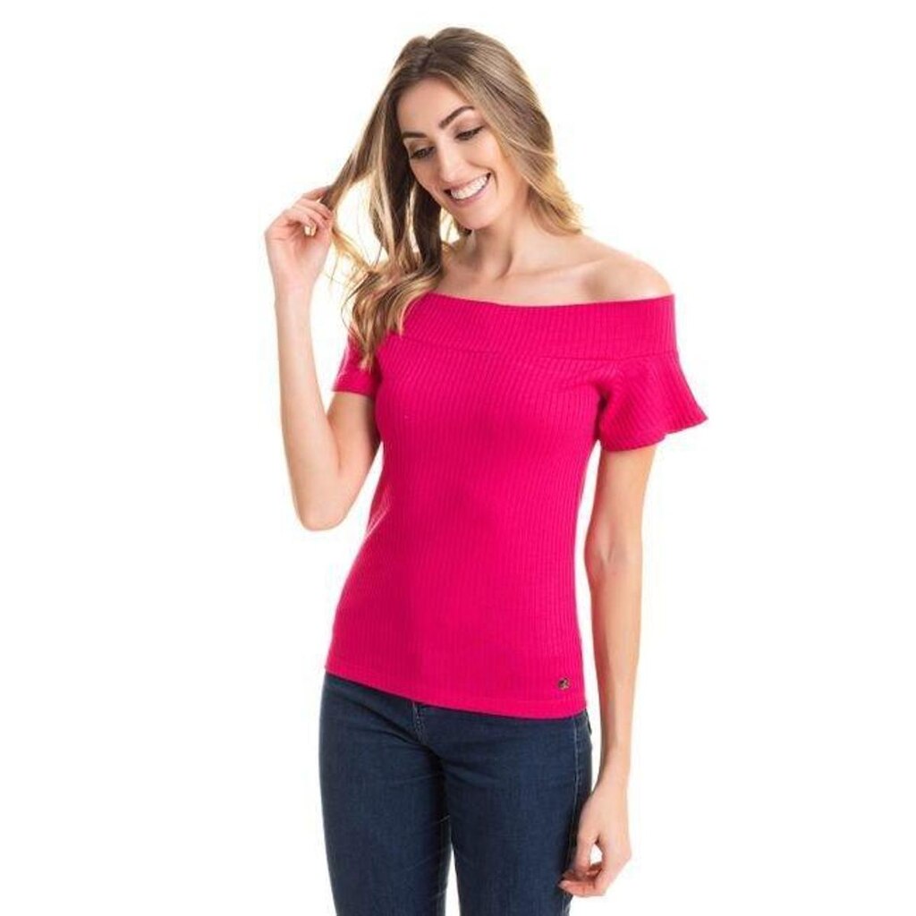 Blusa em Ribana Canelada Decote Ombro a Ombro Mangas Godê