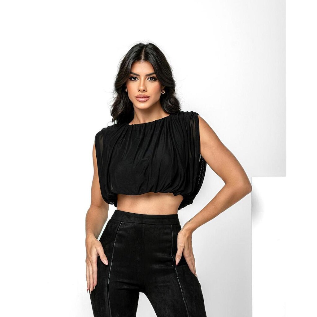 Blusa em Tule Cropped Feminina Ombreiras 90331