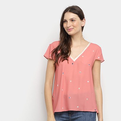 Blusa Enna Manga Curta Folhagens Feminina - Feminino