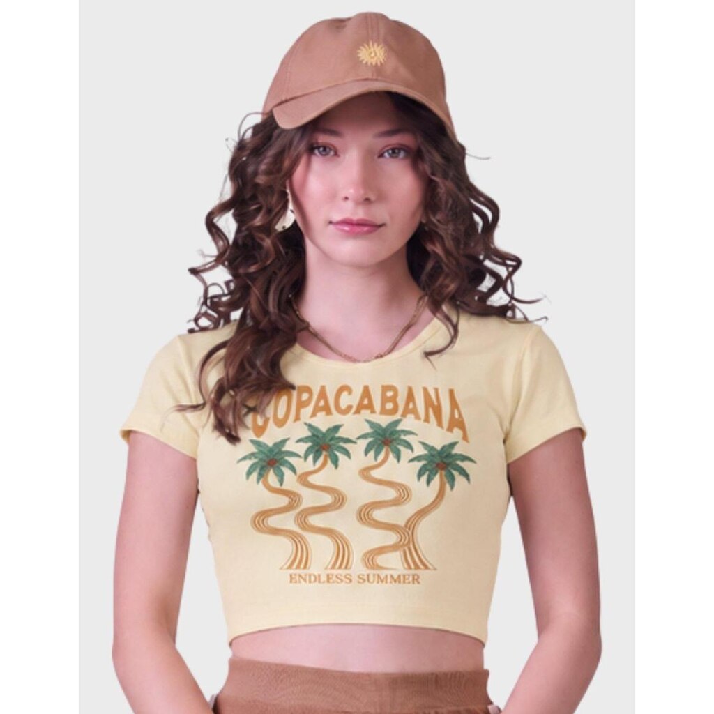 Blusa Estampa Tropical Copacabana Com Gola Canoa E Manga Curta Estilo Verão Feminino 12 a 18