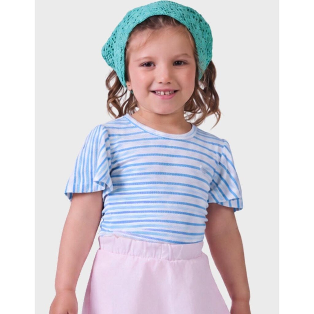 Blusa Estilosa Malha Trabalhada Rosa Listrada Moda Azul Verão Manga Curta Gola Canoa Menina 1 a 4