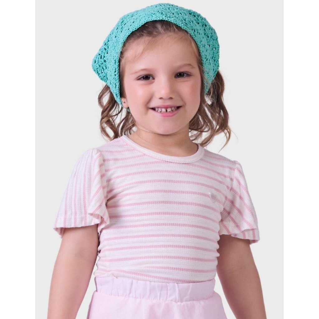 Blusa Estilosa Malha Trabalhada Rosa Listrada Moda Azul Verão Manga Curta Gola Canoa Menina 1 a 4