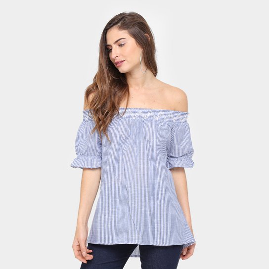 Blusa Facinelli Ombro a Ombro Listrada Bordada Feminina - Marinho
