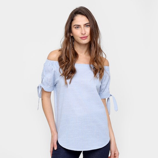 Blusa Facinelli Ombro a Ombro Listrada Feminina - Azul+Branco