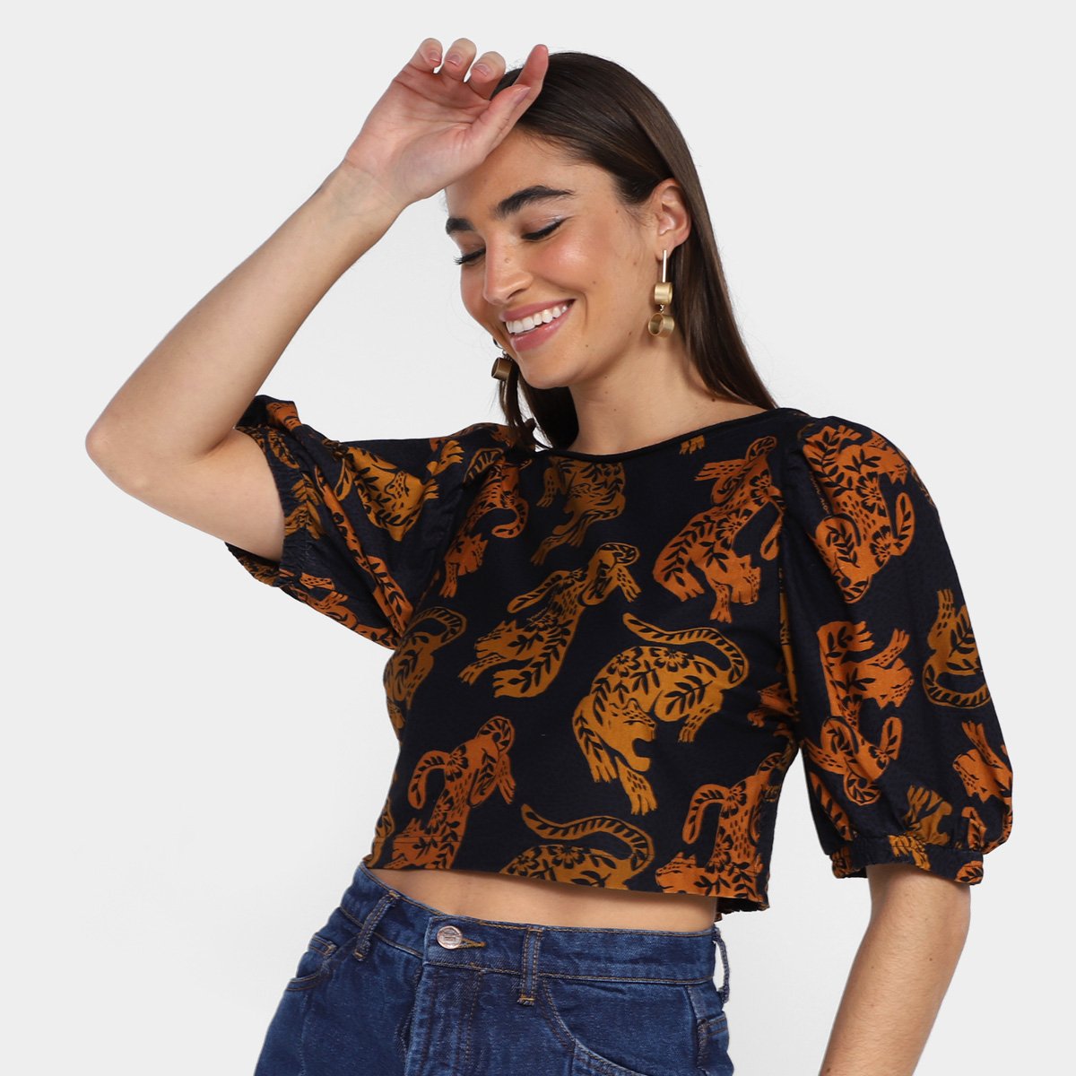 Blusa Farm Cropped Manga Fofa Com Elástico Feminina - Estampado Menor preço em Blusa Farm Cropped Manga Fofa Com Elástico Feminina - Estampado