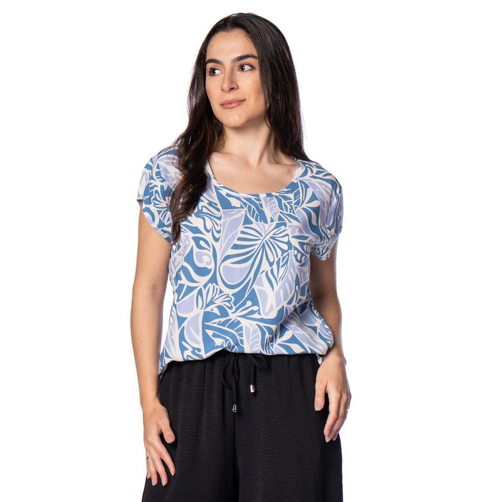 Blusa Feminina Averzzy Folhas Estampada Azul/Branco
