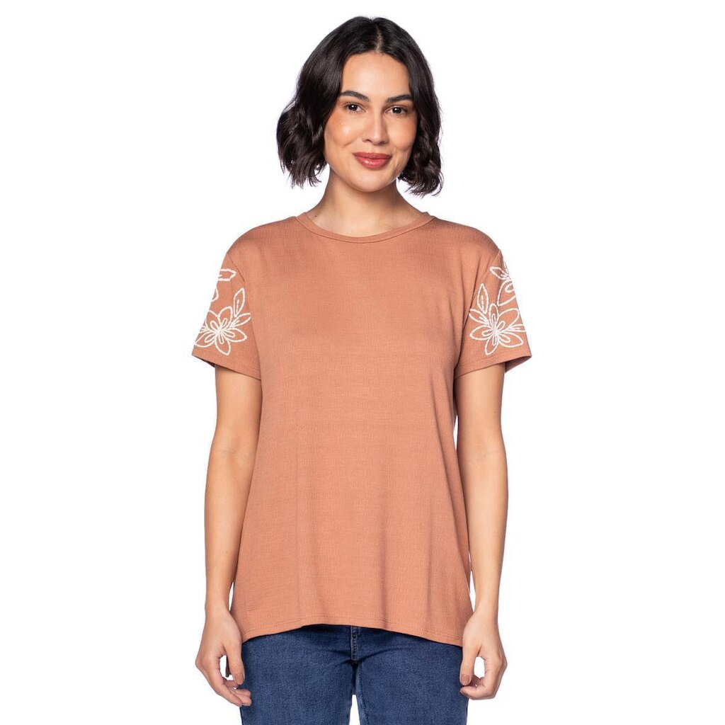 Blusa Feminina Averzzy Mullet Estampa Na Manga Marrom Claro