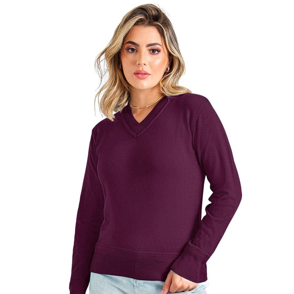 Blusa Feminina Básica Tricot Decote V Roxo