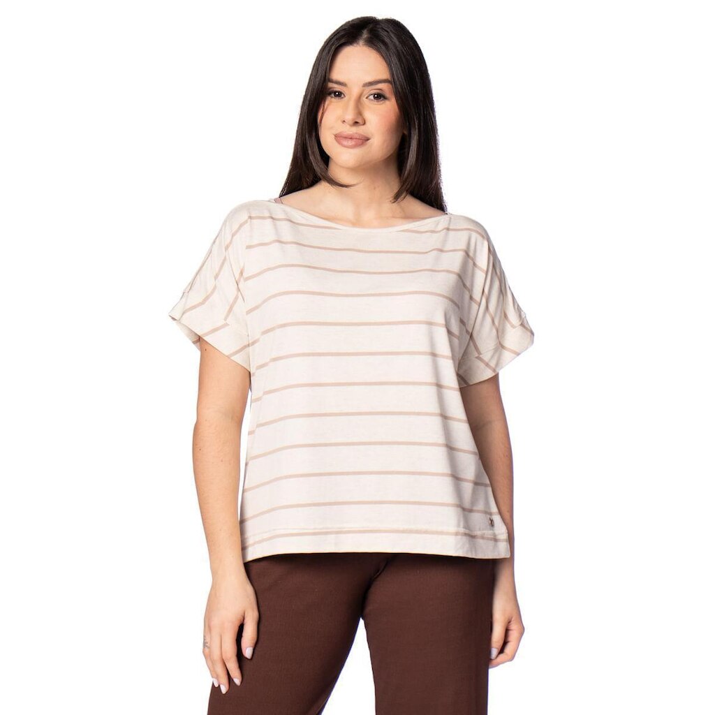Blusa Feminina Biamar Ampla Listras Bege Claro/Marrom Claro
