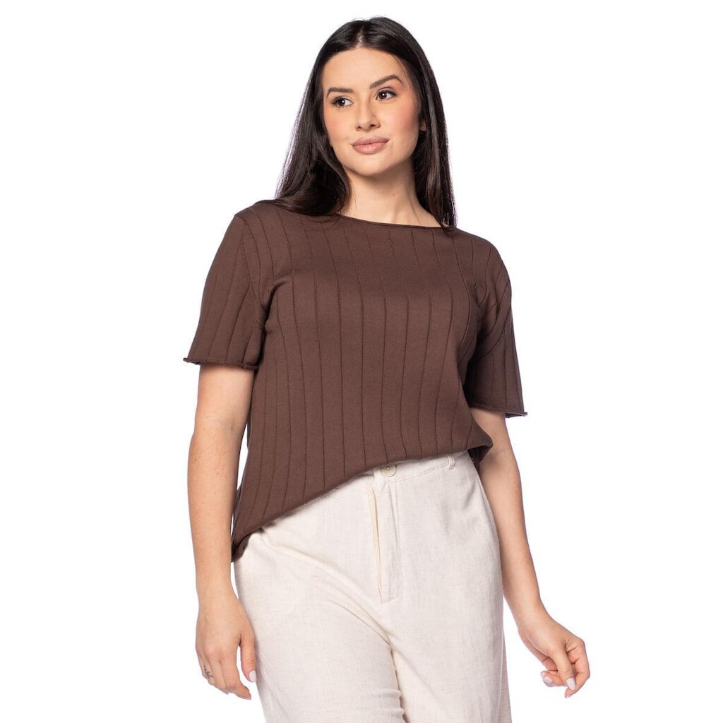 Blusa Feminina Biamar Malha Canelada Algodão Marrom