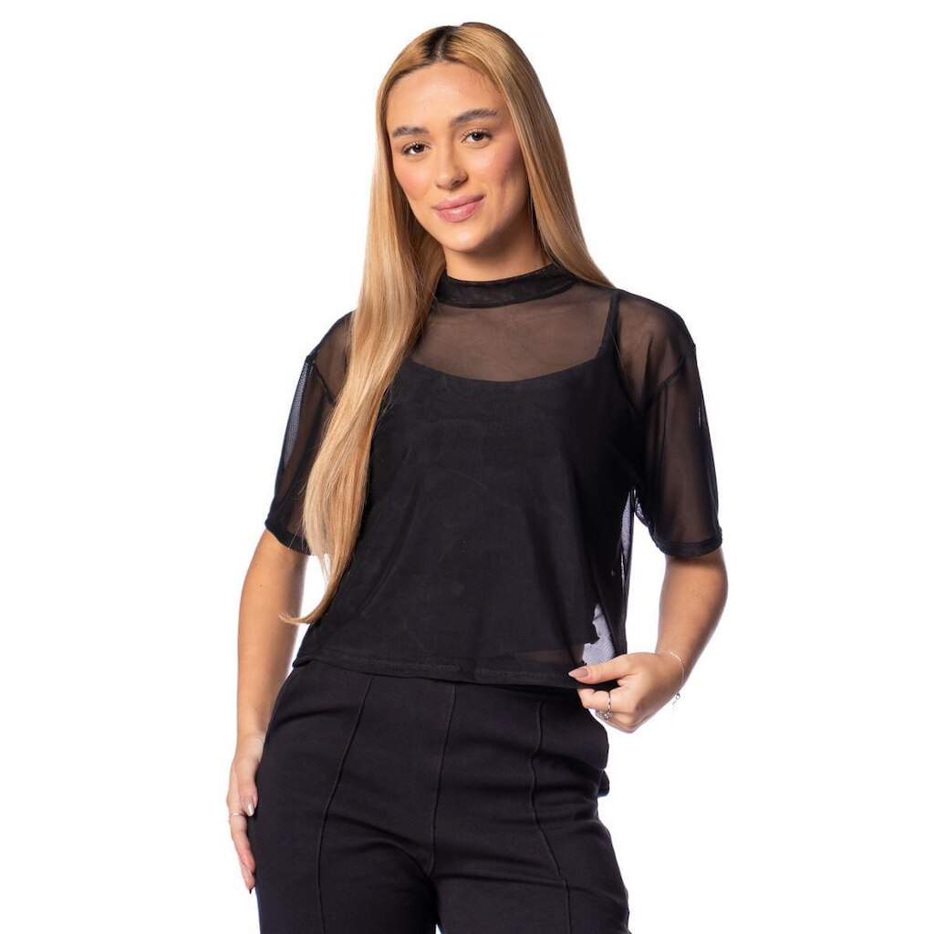 Blusa Feminina Cativa Tule Sobreposição Preto