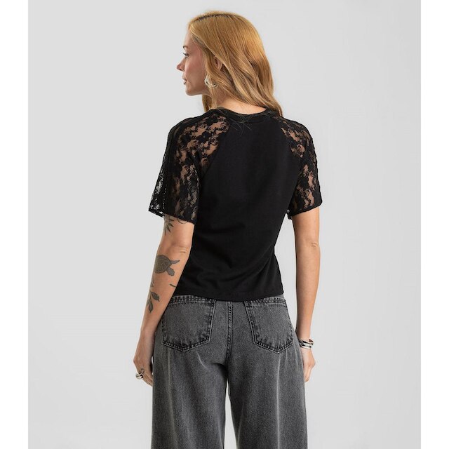 Blusa Feminina Cotton Leve e Manga de Renda Dianna Preto