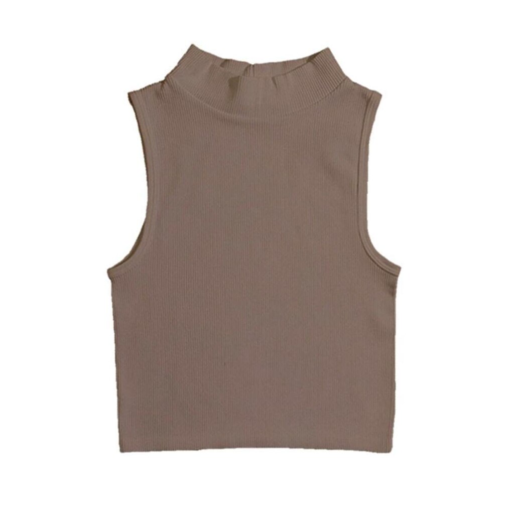 Blusa Feminina Cropped Canelado Gola Alta Sem Manga Cavado Regata