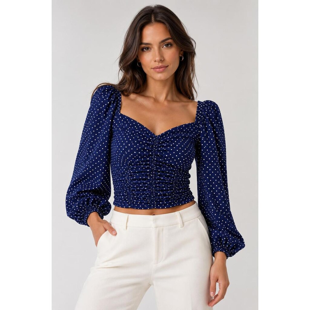 Blusa Feminina D Bell Outlet Fashion Lastéx Poá Azul Marinho