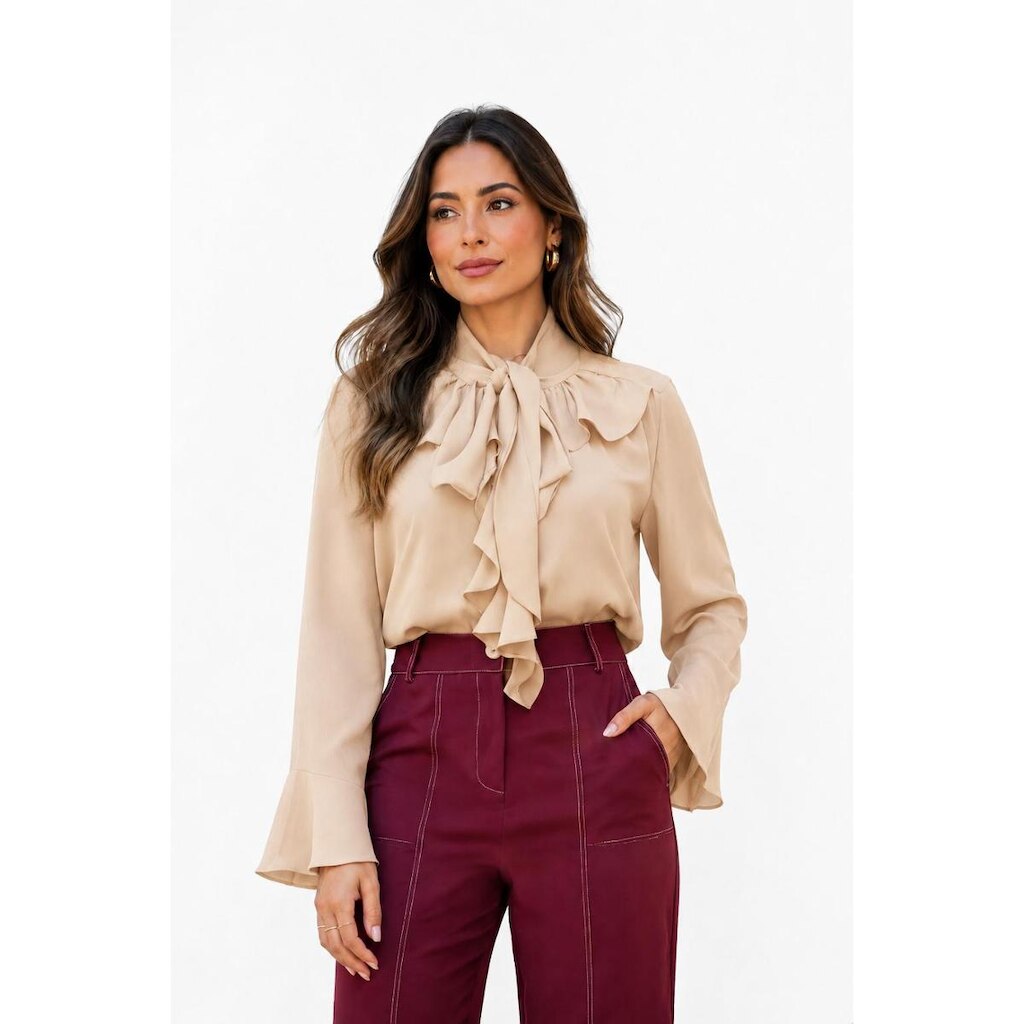 Blusa Feminina D Bell Outlet Fashion Romântica Chiffon Bege