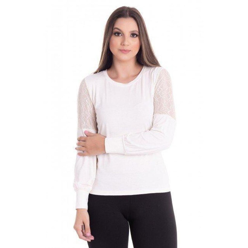 Blusa Feminina em Visco Manga Longa Balonê com Renda