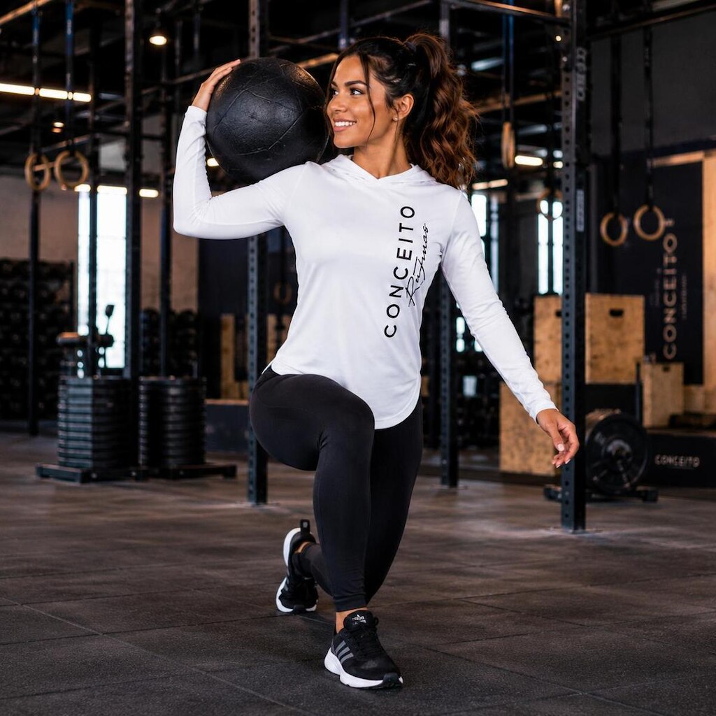Blusa Feminina Esportiva Fitness com Capuz Proteção UV Manga Longa Tecido Premium Secagem Rápida