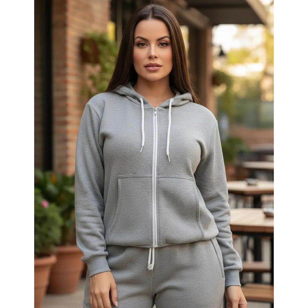 Blusa Feminina Esportiva Moleton Flanelado Blusa De Capuz Com Ziper Moletom Quentinho Gorro Casaco