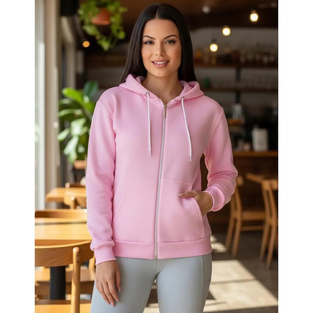 Blusa Feminina Esportiva Moleton Flanelado Blusa De Capuz Com Ziper Moletom Quentinho Gorro Casaco