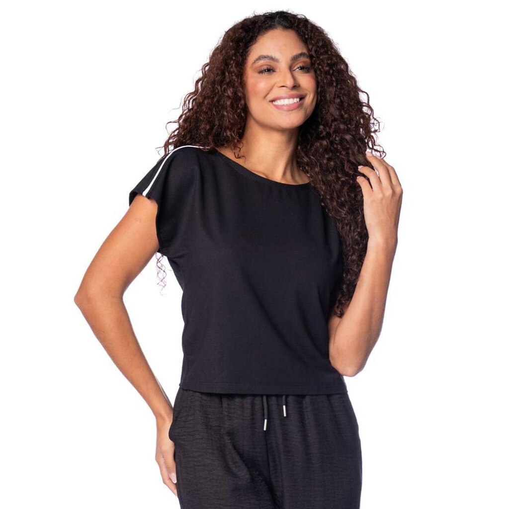 Blusa Feminina Giraffe Manga Curta com Filete na Manga Rosa