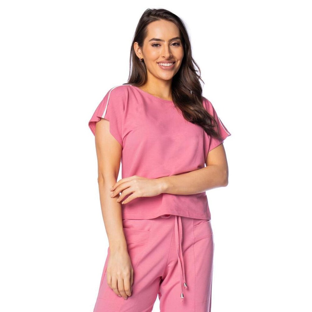 Blusa Feminina Giraffe Manga Curta com Filete na Manga Rosa