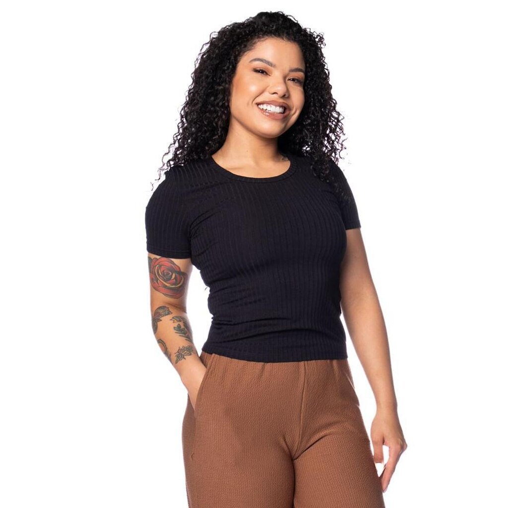 Blusa Feminina Habana Canelada Gola Careca Preto