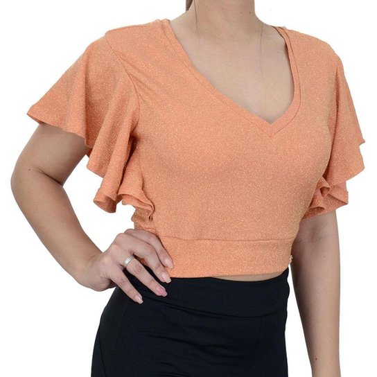 Blusa Feminina Lado Avesso Cropped Lurex Laranja - L1205